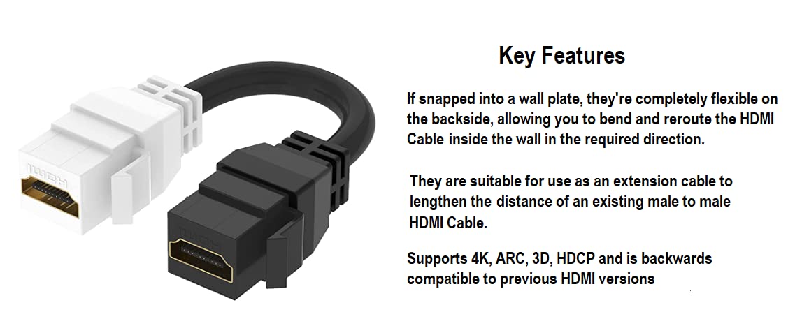 RiteAV - Cable de extensión HDMI hembra-hembra hembra acoplador Keystone Dongle Jack negro/blanco (paquete de 5)