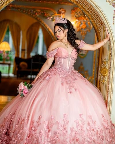 3D Butterfly Applique Quinceanera Dresses with Train Luxury Beaded Sweet 16 Dresses Off The Shoulder Ball Gown4