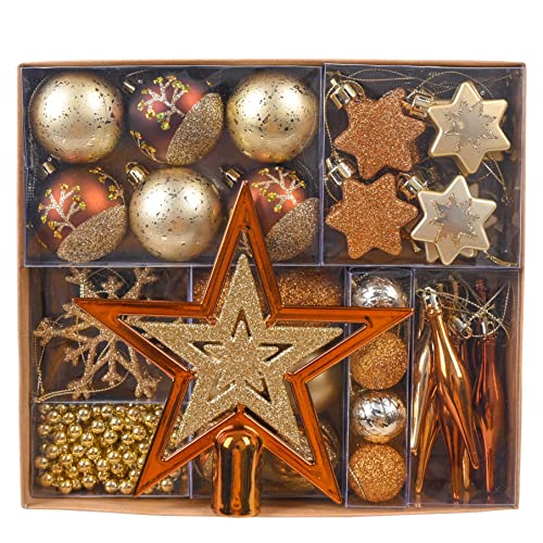 Valery Madelyn 52 Boules de Noël en Cuivre et Or Incassables, Ornement de Boule de Noël pour décorations d'arbre de Noël, Boule de Noël en Plastique Incassable pour la Décoration de Sapin de Noël Cover