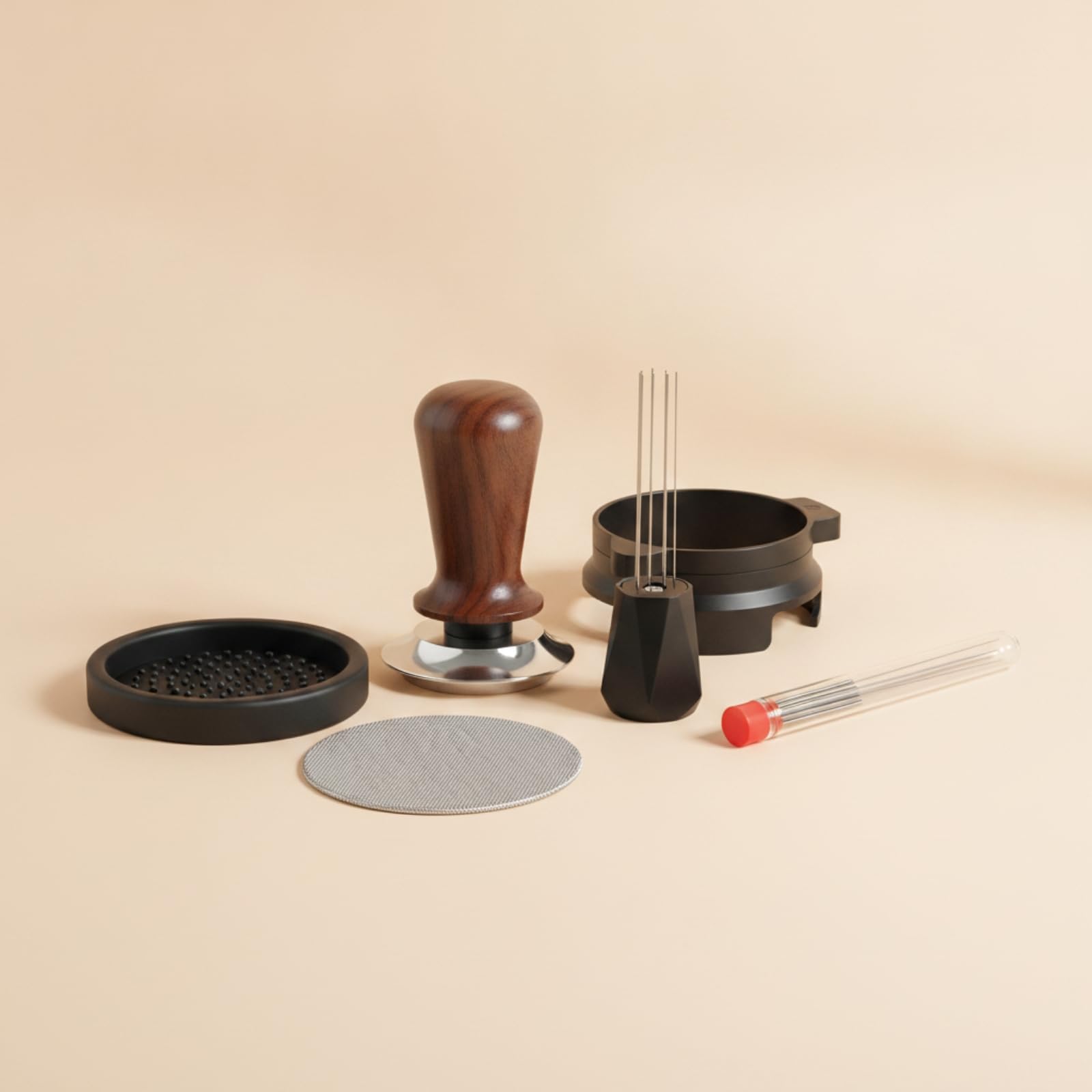 Kit Pressino caffè 5 Pezzi con Utensile Distribuzione Macinato Schermo Rotondo Tappetino Pressa Nero Supporto Dosatore in Acciaio per Estrazione Uniforme Macchina