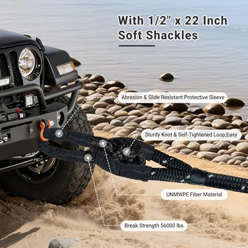Image of Kinetic Recovery Tow Rope 5 /8 inch x 20ft, 38000lbs Snatch Strap,Heavy Duty Stretch Nylon Towing Ropes with 2pcs Soft Shackles for Offroad Vehicle,Jeep, SUV, ATV, UTV