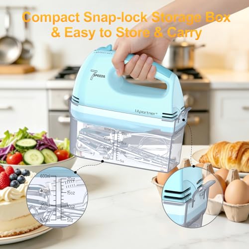 Image of LILPARTNER Electric Hand Mixer with Storage Box, Ultra Power Kitchen Hand Mixer With 7-Speed & 5 Stainless Steel Accessories for Whipping Dough, Cream, Cake, Dishwasher Safe, LIGHT BLUE BOX