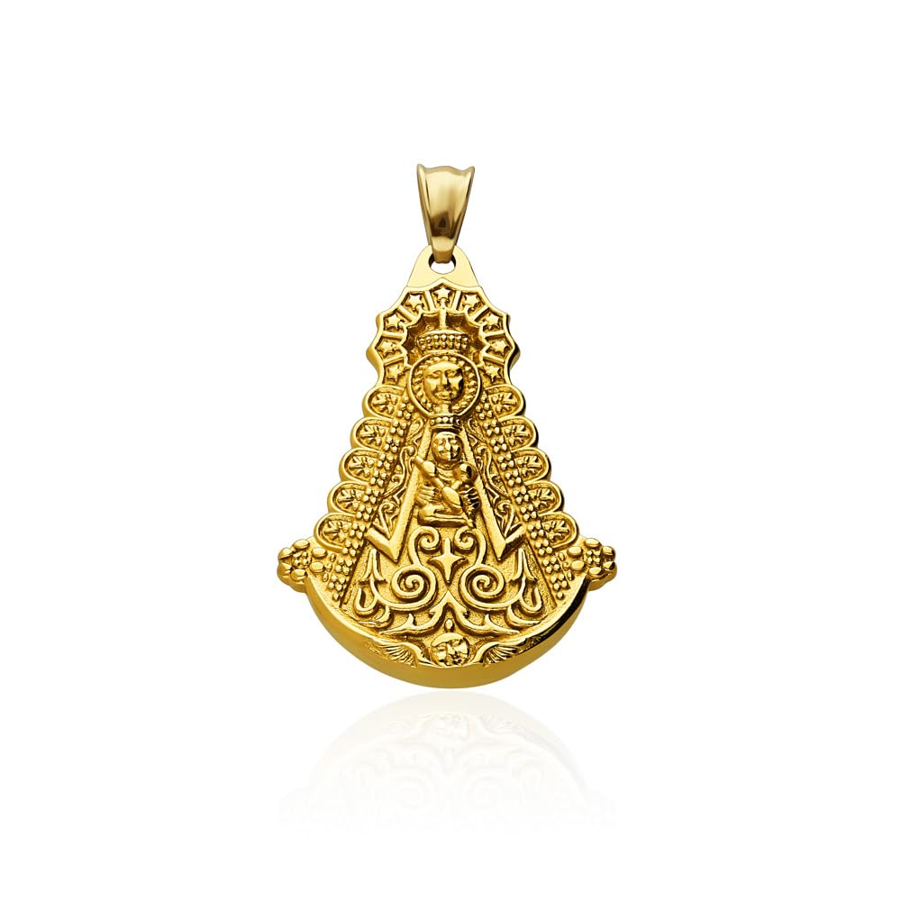 Madonna del Rocio Medaglia Ciondolo Unisex Acciaio 316 L Placcato Oro 18 Klt. Dimensioni sagoma 25 x 35 mm., Virgen del Rocío medalla Unisex, Acciaio inossidabile placcato oro 18 Klt, Acciaio