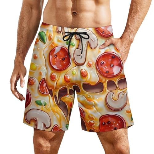 Pizza Printed Mens Swim Trunks Quick Dry Beach Board Shorts with Pockets