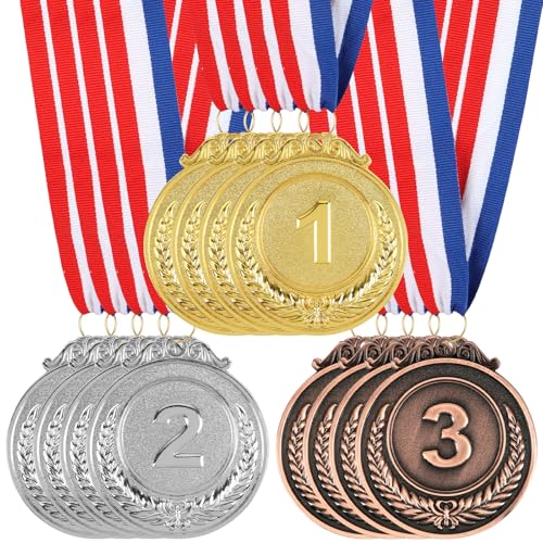Huniee Lot de 12 Médaille de Récompense avec Ruban, Kit de Médailles du Gagnant Prix avec 3 Couleurs, pour Le Sport, Les Compétitions, Les Fêtes, L’Entreprise, Style Olympique