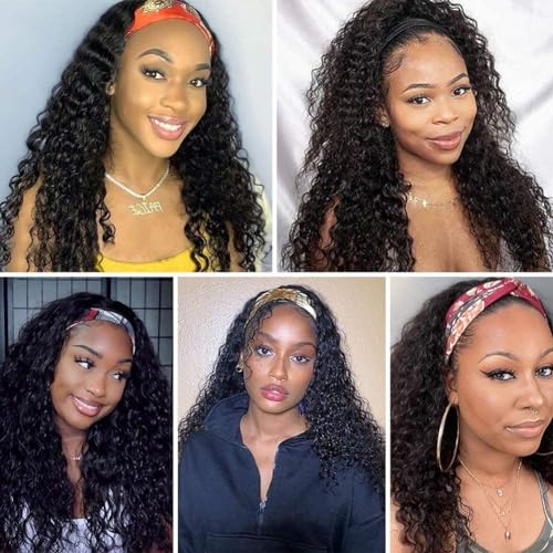 Image of XSY Headband Wig Human Hair Deep Wave Headband Wigs for Black Women No Lace Front Wigs Virgin Curly Headband Wig 150% Density (12 Inch, Natural Color)