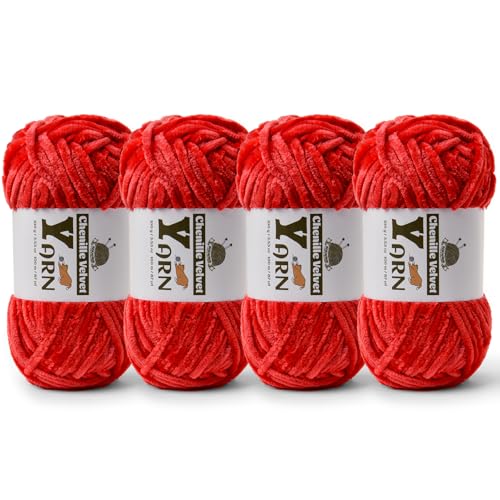 Image of 4 Pack Plush Chenille Chunky Yarn - Fluffy Velvet Yarn Crochet for Blanket Knitting and Crocheting - Soft Baby Yarns for Crocheting - Amigurumi Crochet Yarns 100g (87yds) (4 Red)
