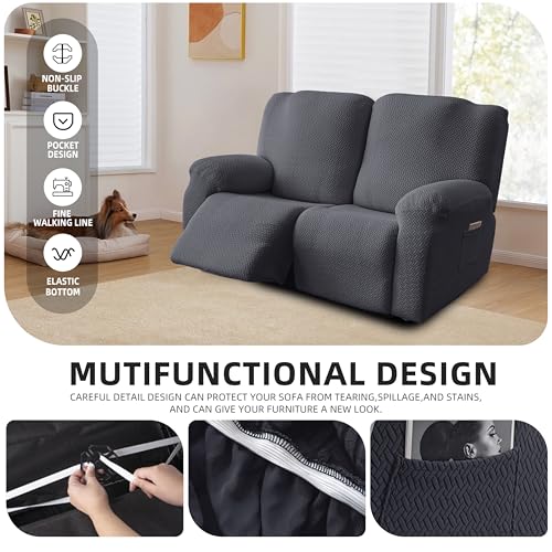 Image of Genina Recliner Loveseat Covers, Stretch Reclining Sofa Covers, 2 Seater Couch Cushion Stripe Jacquard Recliner Slipcovers - Furniture Protector Covers for Pet Kid (Dark Gray)