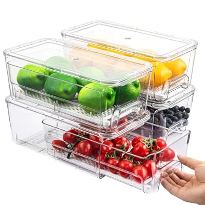 Imncya 4 Pack Fridge Organizer Drawers Bins, Clear Stackable Pull Out Refrigerator Drawer Organizer, Fridge Storage Container with Lids for Fruits, Vegetables, Drinks and Food