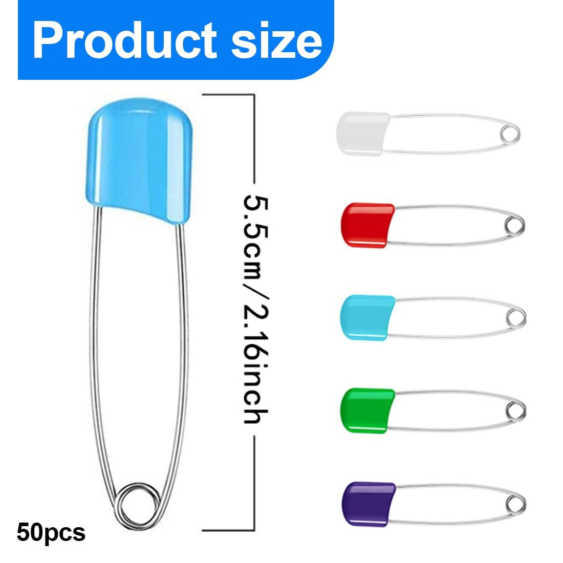 XPEX 50 Pcs 5 Couleurs en Acier Inoxydable Épingler, Épingle à Couche pour Tissu Robuste, Épingle De Sécurité pour Bébé, Épingle De Tête en Plastique avec Verrou De Sécurité