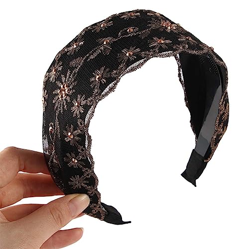 Leadigol 3 Pcs Lace Wide Floral Pearl Embroidery Headbands for Women, Crystal Korean Trendy Simple Flower Headwear