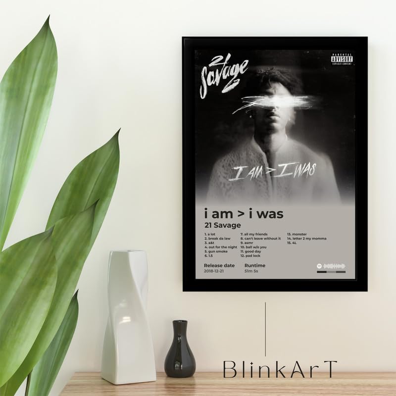 Image of BLINKART 21 Savage - I am I Was Wall Photo Frames | Wall Art for Bedroom, Living Room, Studio or Office | Album Cover Print with Spotify Song Link QR Code | Gift for Fans - 8x12 In