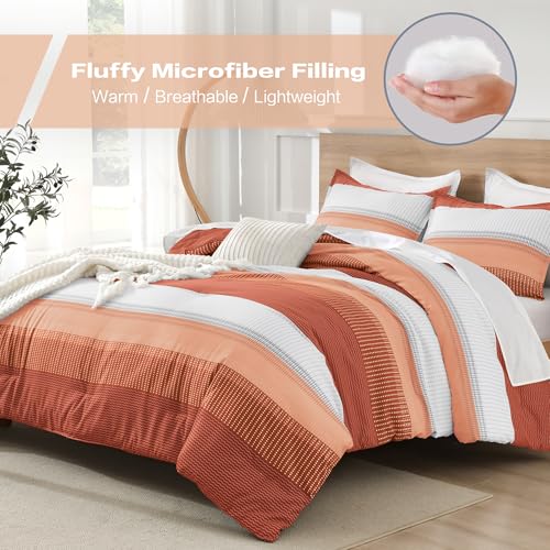 Litanika Burnt Orange California King Comforter Set - 3 Pieces Boho Terracotta Cal King Oversized Lightweight Summer Rust Colorblock Stripe Bedding Set (104x96In, 2 Pillowcases)