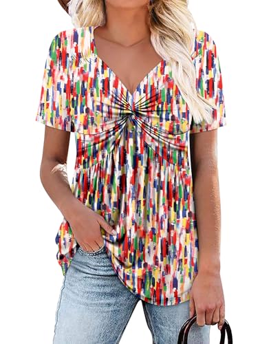 ONLYSHE Women's V Neck T Shirt Short Sleeve Summer Printed Blouse Casual Tunic Tops to Wear with Leggings ColorLump XXL