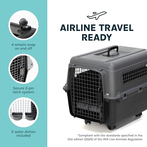 Image of SportPet Airline Compliant MEDIUM 26.5 inch Travel Dog Kennel-Durable Plastic Airline Pet Carrier w / Removable Wheels & Food Bowls, Collapsible Indoor /Outdoor Dog Kennel, Dogs up to 23 inchL & 15 inchH-Dark Gray