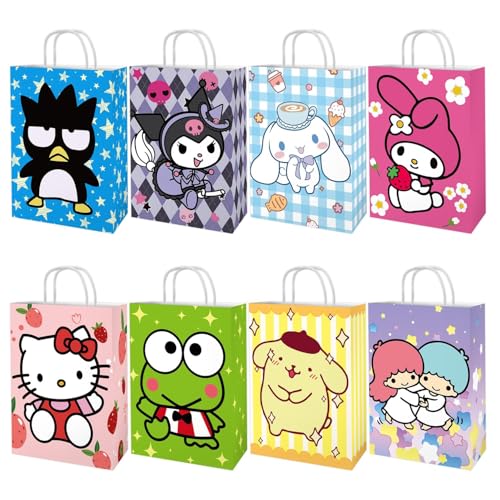 Kitty Birthday Party Supplies 16PCS Party Goodie Gift Bags Including 8 Patterns Double Sided Printed Ideal for Kawaii Birthday Party Decorations