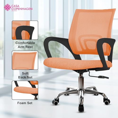 Image of Casa Copenhagen Mesh Mid Back Office /Study /Computer /Revolving /Desk Chair for Work from Home -Metal Base, Height Adjustable Seat -Orange& Black Handle