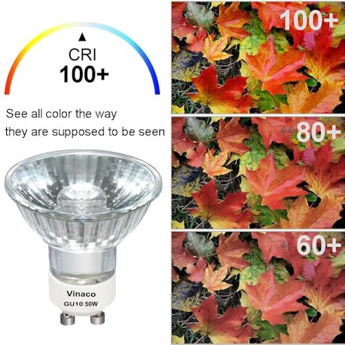 Image of Vinaco 2Pack GU10 50W Halogen Bulbs, GU10+C MR16 120V Dimmable Warm White Glass Lamp, Long Lifespan for Recessed Can, Track, Kitchen Hood, Bathroom Cabinet Spotlight