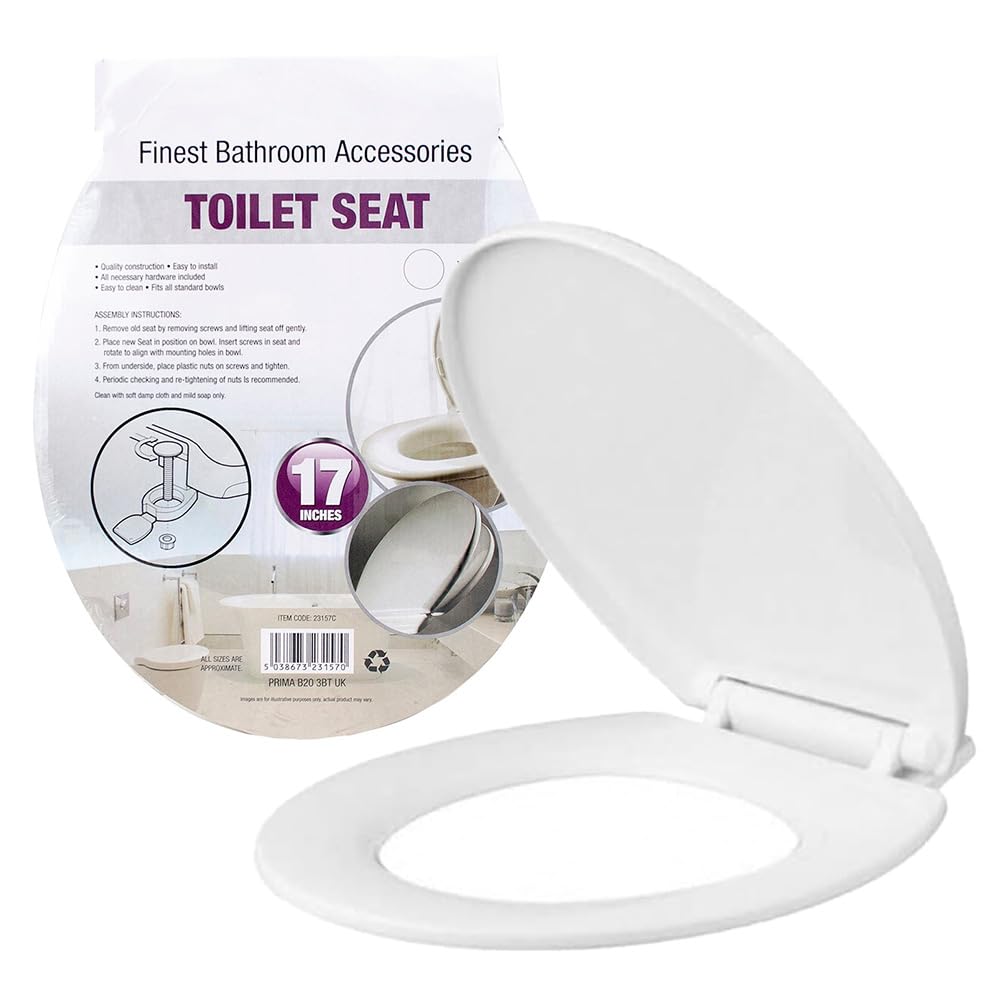 Plastic Toilet Seat White Bathroom - Includes Fittings, Standard Toilet Seat Size | Easy Clean & Wipe, Smooth Surface | Heavy Duty & Easy to Install | Durable Quality & Long Lasting