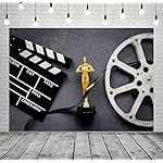 BELECO 7x5ft Fabric Movie Theme Backdrop for Photography Golden Movie Award Statue with Film Reel Video Tape and Clapper Board Background for Movie Night Theme Party Decorations Portrait Photo Props - Image 3