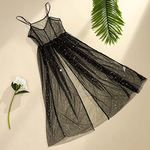 GRAEEN Black See Through Dress Sheer Mesh Rave Outfits Long Dresses for Women (Large, A1-Black) - Image 7