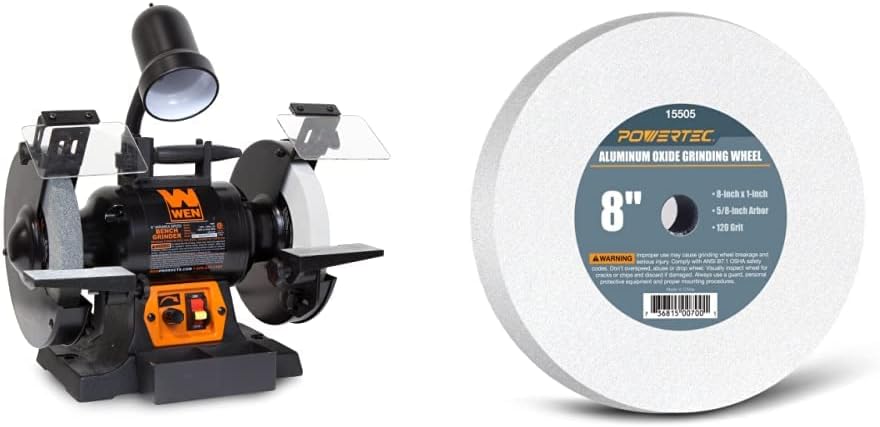 WEN BG4280 5-Amp 8-Inch Variable Speed Bench Grinder with Flexible Work Light & POWERTEC 15505 White Aluminum Oxide Grinding Wheel, 8-Inch by 1-Inch, 5/8-Inch Arbor, 120 Grit