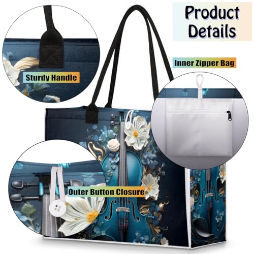 Blue Guitar Flower Tote Bag for Women Large Beach Bag Reusable Tote Bags for Work Travel Beach Shopping4