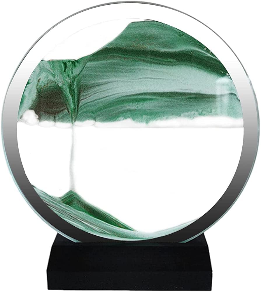 SRVNT -Office Decoration Sand Art Liquid Motion, Moving Sand Picture Unique Natural Landscape with Round Glass Framed, Ornament Desk Tabletop Art Decoration 7 Inches Leoly/Green