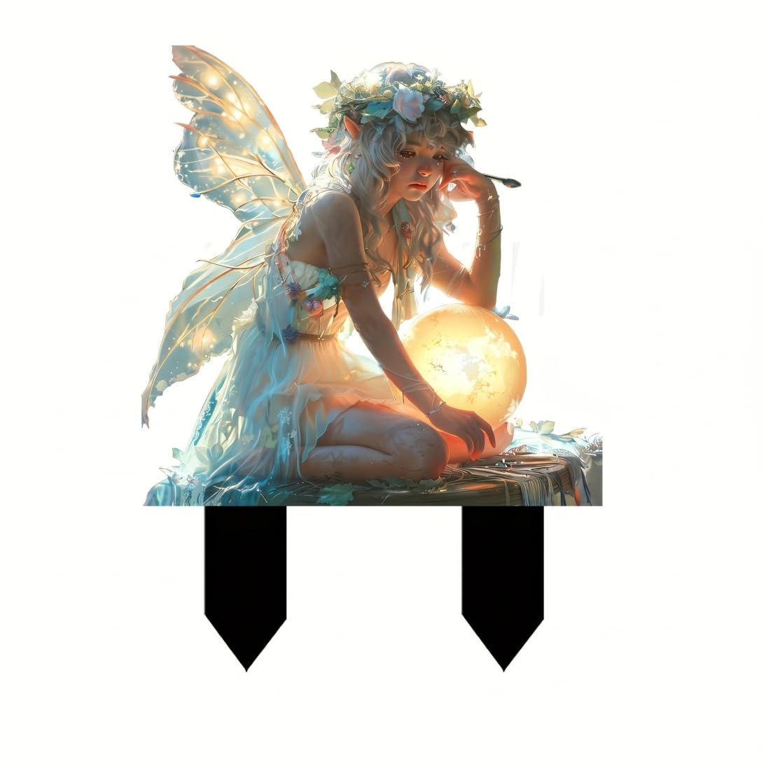 Perodlly Garden Fairy Stakes, 2d Holding Glowing Orb Fairy Garden Decor | Waterproof Acrylic Sign for Potted Plants, 7.09x9.84inch Style 1..