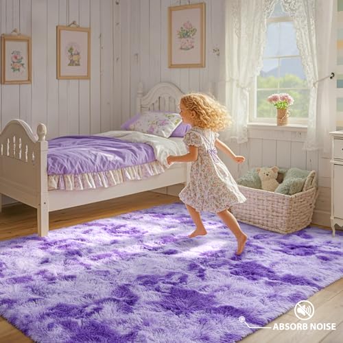 Purple White Rug Fluffy 4x6 Bedroom Rugs Girls,Plush Soft Fuzzy Area Carpet Non Slip for Living Room Nursery Kids Girlie Elegant Home Decor Aesthetic