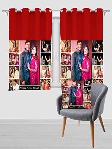Image of Crush Fabric Photo Personalise 2 Curtains & 1 Cushion with 8 Eyelet for Living Room Bedroom Home Office 4 x 5 Feet Style 134 (Set of 3) (Red)