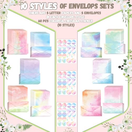 Image of TaoBary 160 Pcs Stationery Paper Set 50 Double Sided Stationery Papers with 50 Matching Envelopes and 60 Round Dot Sticker, 10 Design(Watercolor,8.5 x 11 Inch)