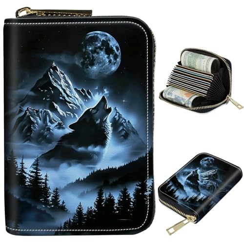 Image of Cute Credit Card Holder with Zipper, Abstract Lone Wolf RFID-Blocking Card Case Small Wallet for Women Men, Multi-slot Card Organizer Case Travel Accordion Wallet