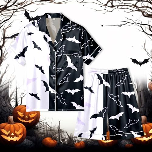 Pumpkin Face Pajamas Mens Loungewear Sets Halloween Graphic Short Sleeve And Shorts Sleepwear Set Button Down 2 Piece4
