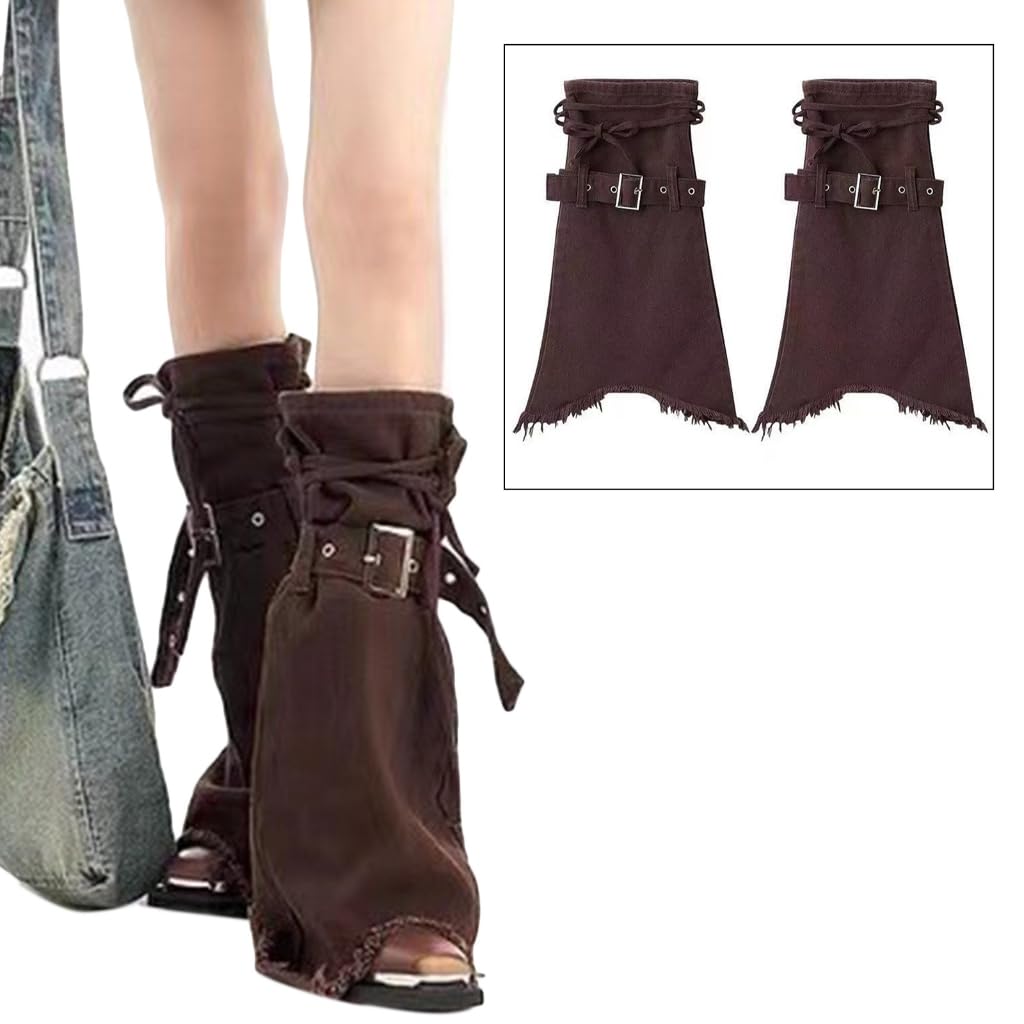 Women Punk Jeans Leg Warmer with Buckled Bandages Spring Frayed Bottom Flared Long Sock Boot Leg Sleeve