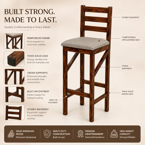 Image of Solid Sheesham Wood Bar Stool Chair, Teak Finish
