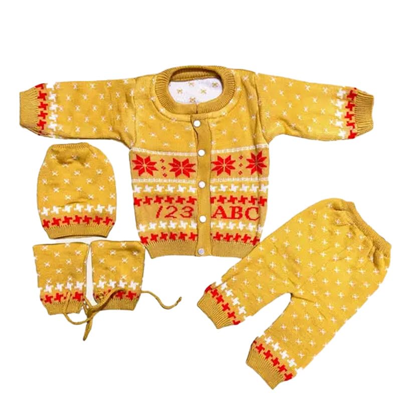 Baby Unisex New Born Baby Boys Girls Soft Comfortable Trendy Woolen Round Neck Sweater Set with Payjami, Cap and Pair of Booties for Toddlers Yellow - Image 4 thumbnail