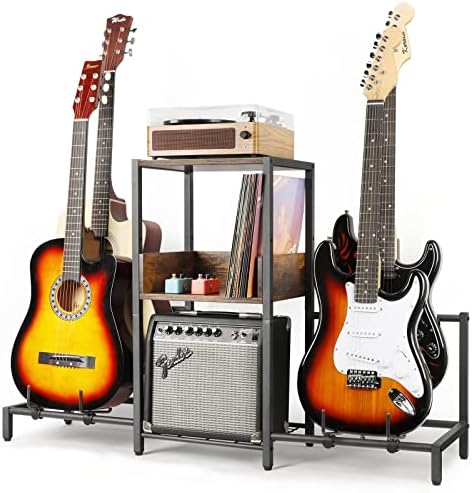 Guitar Stand 4-Tier for Acoustic, Electric Guitar, Bass, Guitar Rack Holder Floor Adjustable for Multiple Guitars, Guitar Amp Accessories, Guitar Display for Music Room Home Studio with Wooden Shelf