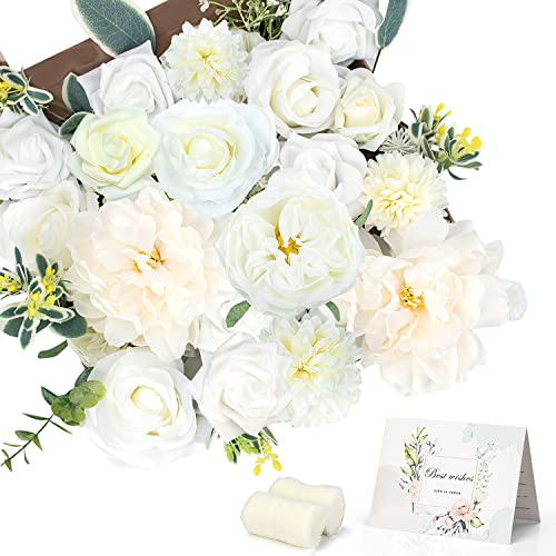 Jubor Flores artificiales blancas, rosas polvorientas de seda artificiales para bricolaje, ramos de novia, centros de mesa, arreglos, baby shower, fiesta, decoración del hogar Cover