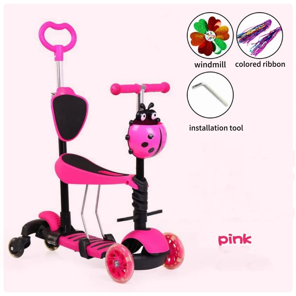 Three-in-one Children's Scooter with a Pinwheel Attached with Colored Ribbons. It's a for Children Aged 2 to 8, which can be Used for Sitting, Pushing and Sliding.