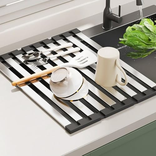 水切りラック 折りたたみ Whonor 2025昇級版 シンク上水切りマット 折り畳み水切り 食器水切り キッチン用品置き コンパクト 三つ折り畳み排水バスケット ステンレス鋼コア+シリコン製 抗菌 錆びない 滑り止め 省スペース 巻き収納ラック 食器乾燥