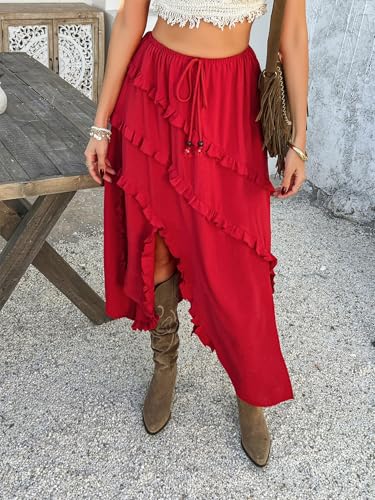 Women's High Waist Split Ruffle Skirts Y2k Summer Boho Drawstring Flowy Midi Skirt 2025 Trendy Vacation Outfits4