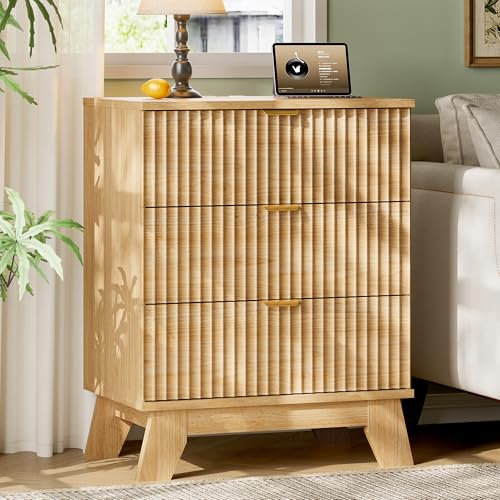 Image of Xixini Fluted Nightstand with Charging Station, Tall Bedside Table, Oak