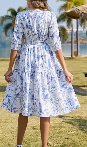 Image of Kormei Women Casual Boho Floral Round Neck 3 /4 Sleeve Smocked Waist Tiered A Line Flowy Swing Midi Dress Long Dresses