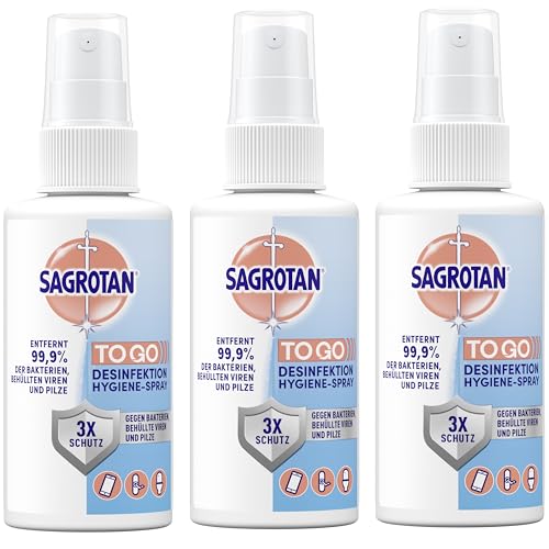 Sagrotan To Go Hygiene Pumpspray – Desinfektionsmittel für Textilien und Oberflächen im Haushalt – 3 x 100 ml Sprühflasche im praktischen Vorteilspack