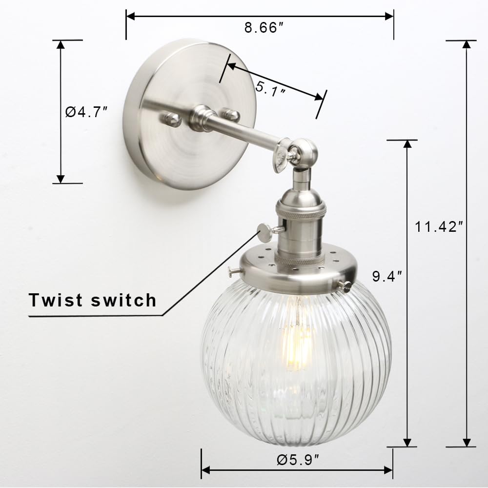 Yosoan Wandbeleuchte geriffeltes Klarglas Industrie Loft-Wandlampen aus Industrial-Design und Vintage-Flair Wandbeleuchtung Leuchte, Innenleuchte (Gebürsteter Edelstahl Farbe)