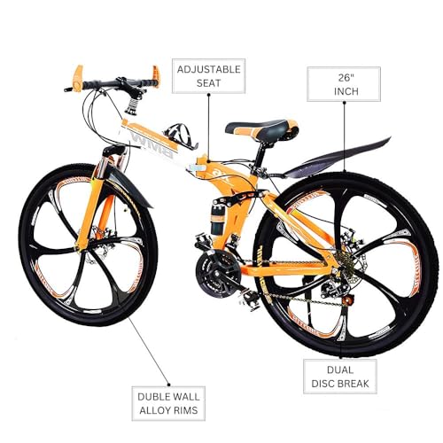 Image of Amaze Kai Dual Suspension Bikes Bm Foldable Gear Cycle for Men with 21 Speed Gear 6 Spoke | Folding Mountain Bike with Double Disc Break & Mac Wheel, 26 Inch (Orange)
