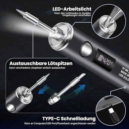KKMOL Accu soldeerboutset, USB-oplaadbaar, met lcd-scherm en verlichtingsmodus, 5 temperaturen instelbaar van 260 tot 450 °C, professionele veilige complete set, zwart - Afbeelding 5