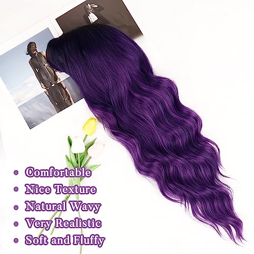 Image of NAYOO Ombre Purple Wigs with Bangs for Women,24 Inch Wavy Synthetic Wig