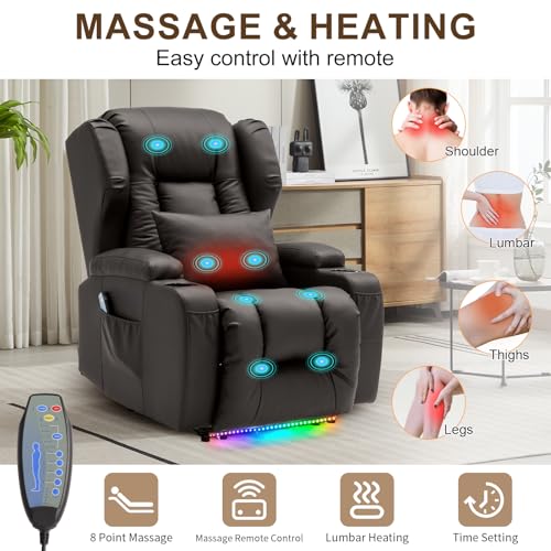 Image of DRMBOOK Power Recliner Chair, Electric Wall Hugger Reclining Sofa with Massage & Heat, Overstuffed Movie Theater Seating with LED /USB Ports /Cup Holders for Living Room (Leather Brown, 1 Chair)